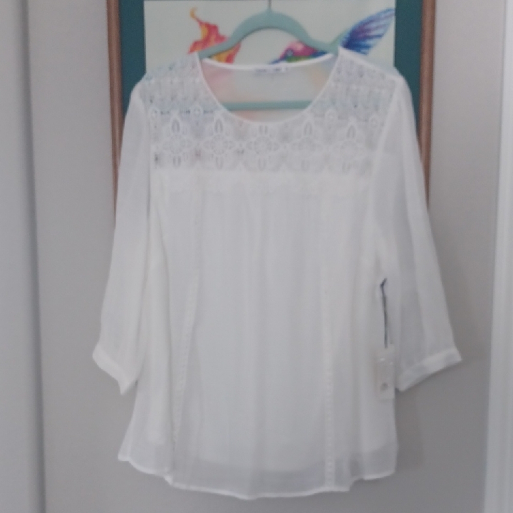 White Lace Yoke Women's Blouse - Lightweight Elegant Top